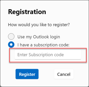 EmailMerge365 registration via Subscription code.